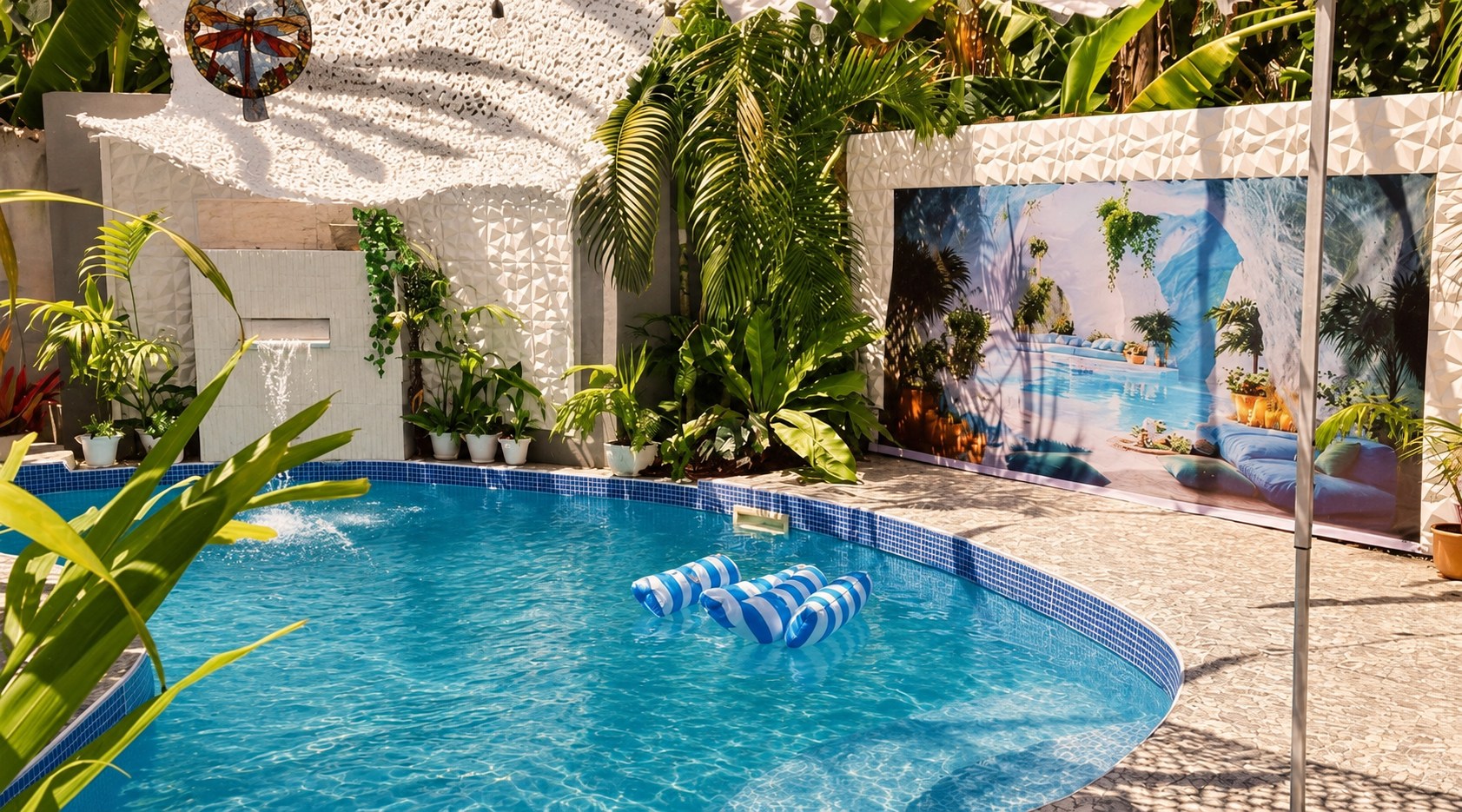 The small outdoor pool surrounded by tropical plants